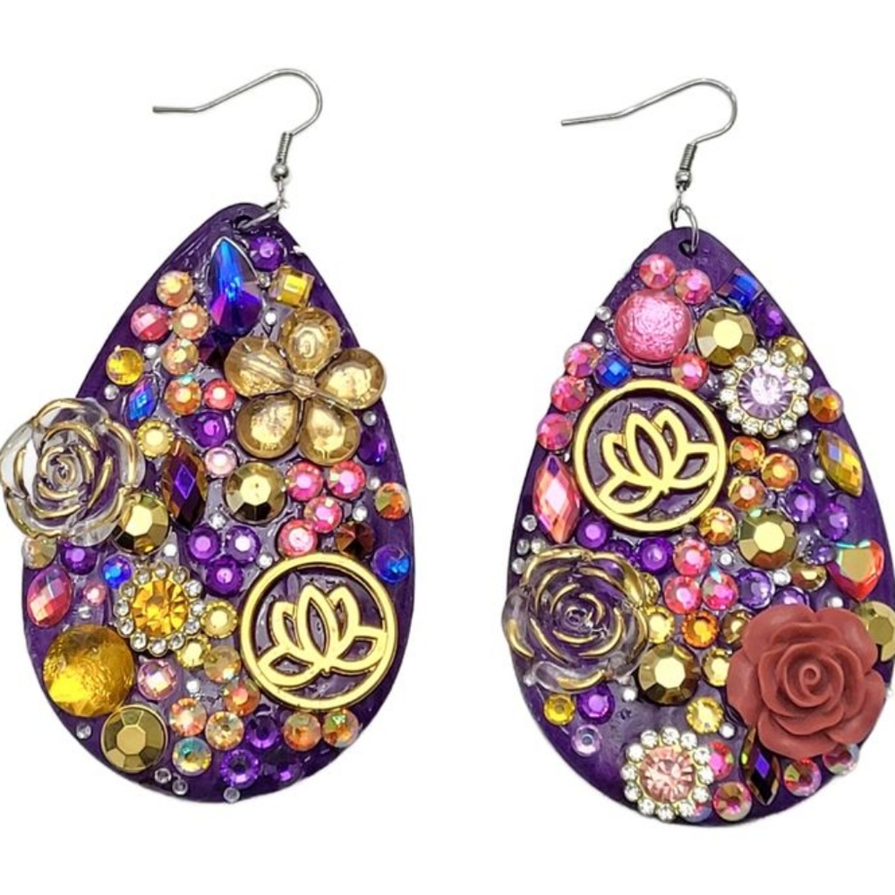 Colorful Purple and Gold Statement Earrings Handmade